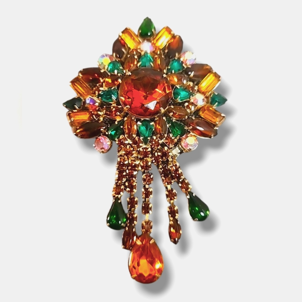 Antique Rhinestone Brooch, Gold‑Tone Jewel Fringe Vintage Maximal Statement Pin